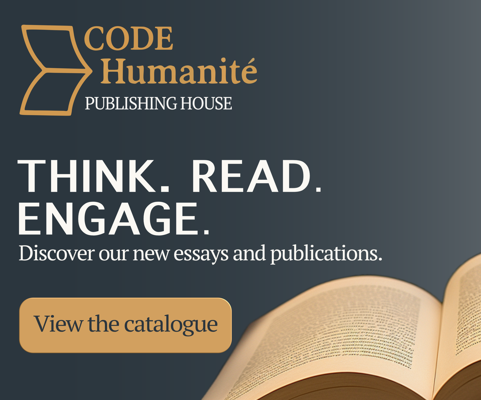 Code Humanité banner displaying the logo, the slogan “Think. Read. Engage.” and an image of an open book.