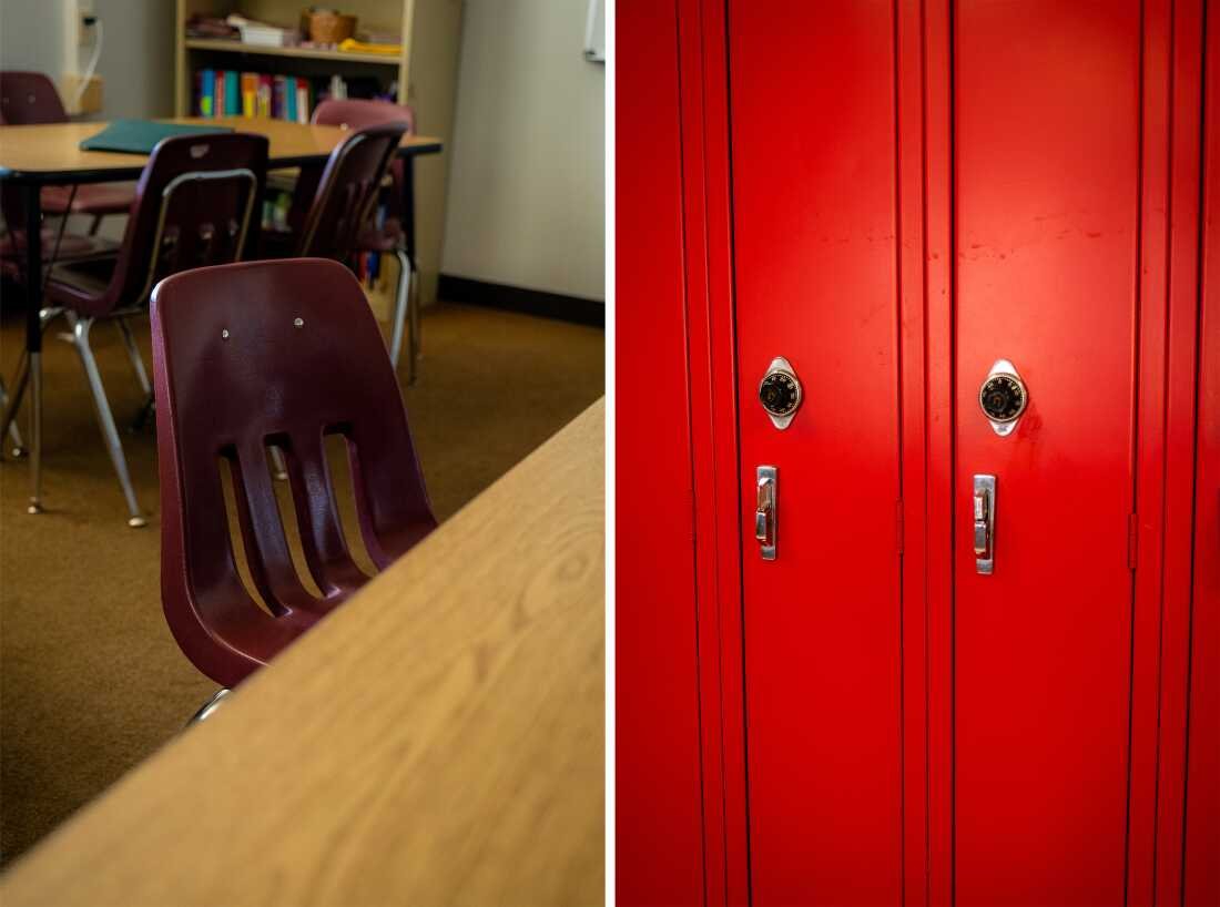 The photo on the left shows an empty burgundy chair at a table in a classroom. The photo on the right shows two tall, narrow red lockers.