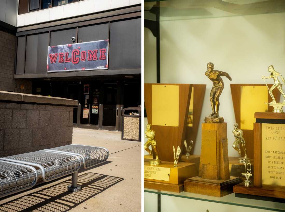 The photo on the left shows a welcome sign over the entrance to Central Senior High school. The photo on the right shows a close-up of several gold-colored sports trophies that are in the trophy case that's in the school's lobby.