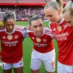 Katie McCabe of Arsenal talks with teammates in a huddle