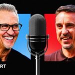 An image of Gary Lineker taking into a microphone with an image of Gary Neville speaking into a microphone below that