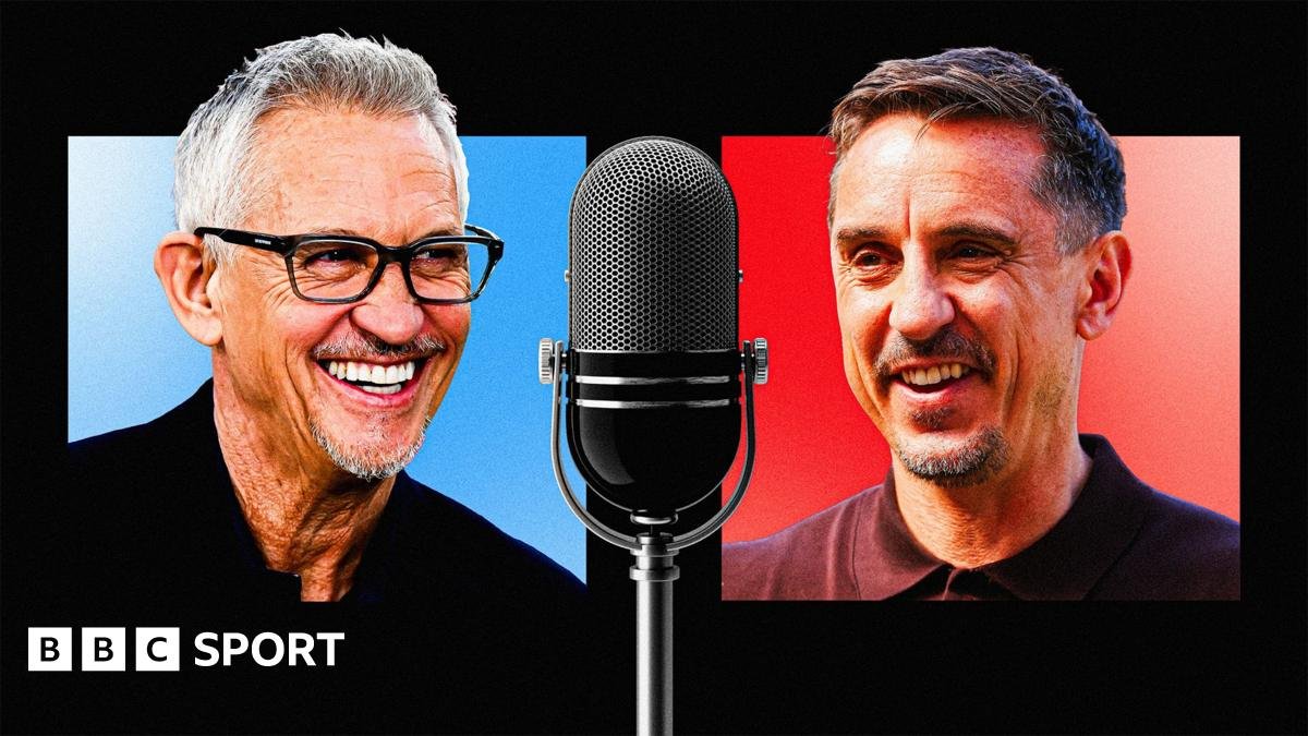An image of Gary Lineker taking into a microphone with an image of Gary Neville speaking into a microphone below that