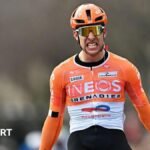 Axel Lawrence celebrates winning stage three of the Tour de la Provence