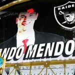 The NFL Draft stage with an image of Fernando Mendoza after he was selected with the first overall pick by the Las Vegas Raiders in 2026