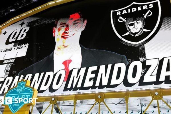 The NFL Draft stage with an image of Fernando Mendoza after he was selected with the first overall pick by the Las Vegas Raiders in 2026