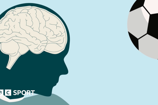 Graphic of a white brain inside the dark blue silhouette of a human head, with a black and white football in the top right corner