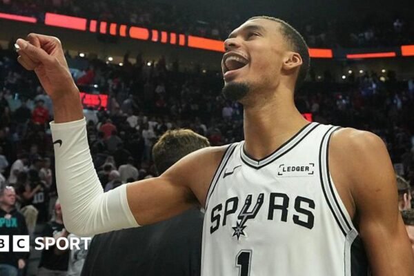 Victor Wembanyama celebrates after the San Antonio Spurs win game four of their NBA play-off series against the Portland Trail Blazers in April 2026