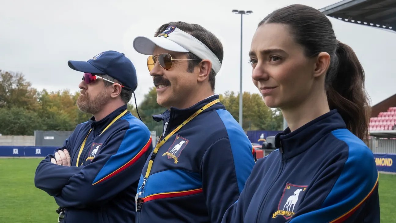Brendan Hunt, Jason Sudeikis and Tanya Reynolds in Ted Lasso season four