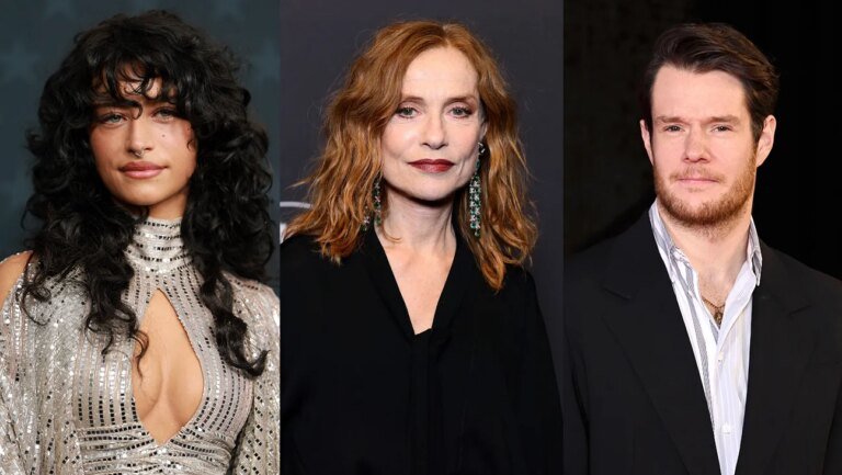 Odessa A’zion with Isabelle Huppert in the middle and Connor Swindells
