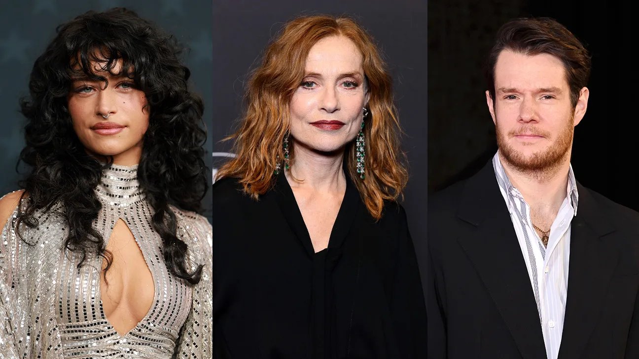Odessa A’zion with Isabelle Huppert in the middle and Connor Swindells