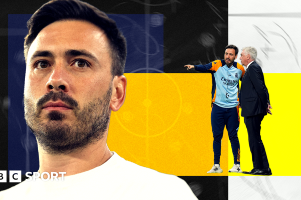Stylised image of Davide Ancelotti in front of a colourful background with a tactics board overlay. On the right of the image is an overlay of Davide with his father Carlo Ancelotti from a match when the pair were manager and assistant manager of Real Madrid.