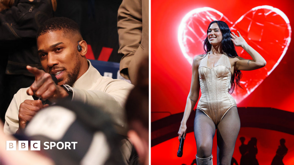 Split image of Anthony Joshua pointing and Dua Lipa peforming