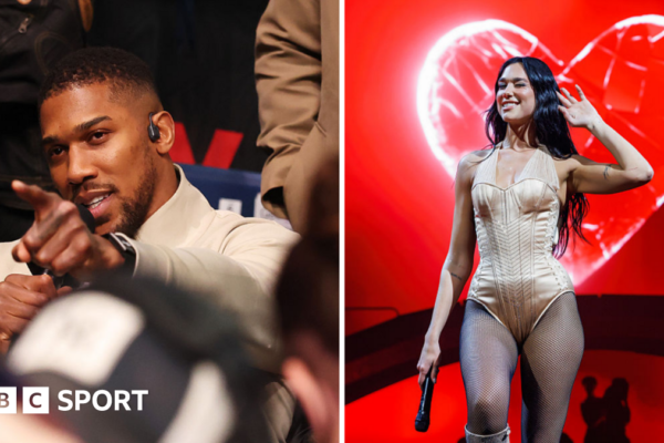 Split image of Anthony Joshua pointing and Dua Lipa peforming