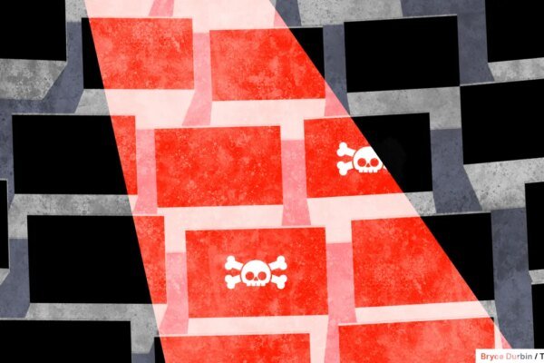 an illustration of a red light cast down on a bunch of computers