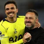 Spurs head coach Roberto de Zerbi celebrated with Joao Palhinha after the Premier League win at Aston Villa.