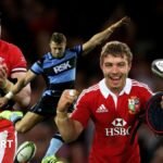 Leigh Halfpenny applauds in a Wales jersey, kicking for Cardiff, celebrating holding a Lions cap and passing the ball for Scarlets