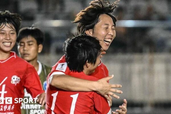 Ri Kum-Hyang of Naegohyang Women's FC celebrates with team-mates after scoring a goal during the AFC Women's Champions League match between Naegohyang and ISPE