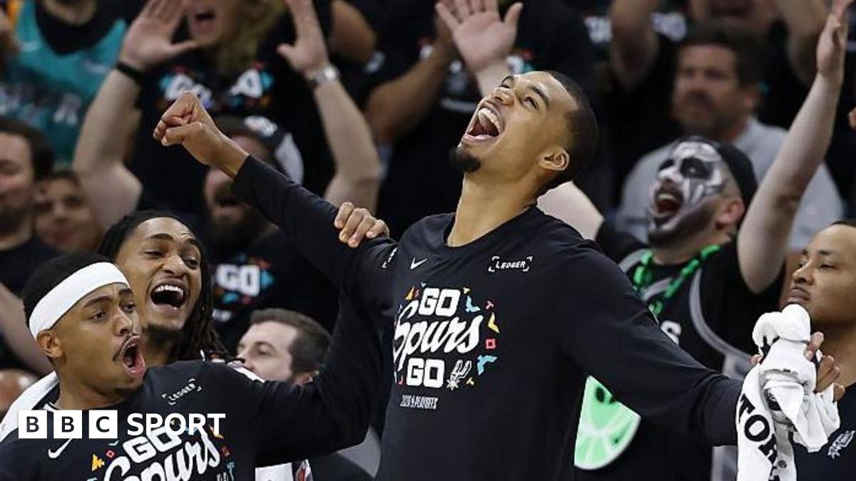 Victor Wembanyama celebrates on the sideline as the San Antonio Spurs beat the Minnesota Timberwolves in game two of their NBA play-off series in May 2026