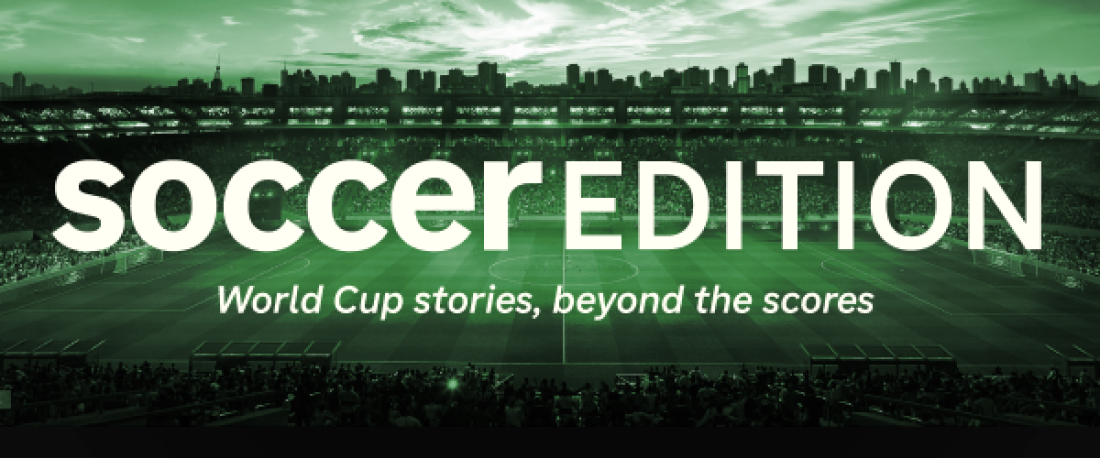 A banner that says Soccer Edition with a soccer field and a city skyline in the background. The image is green.
