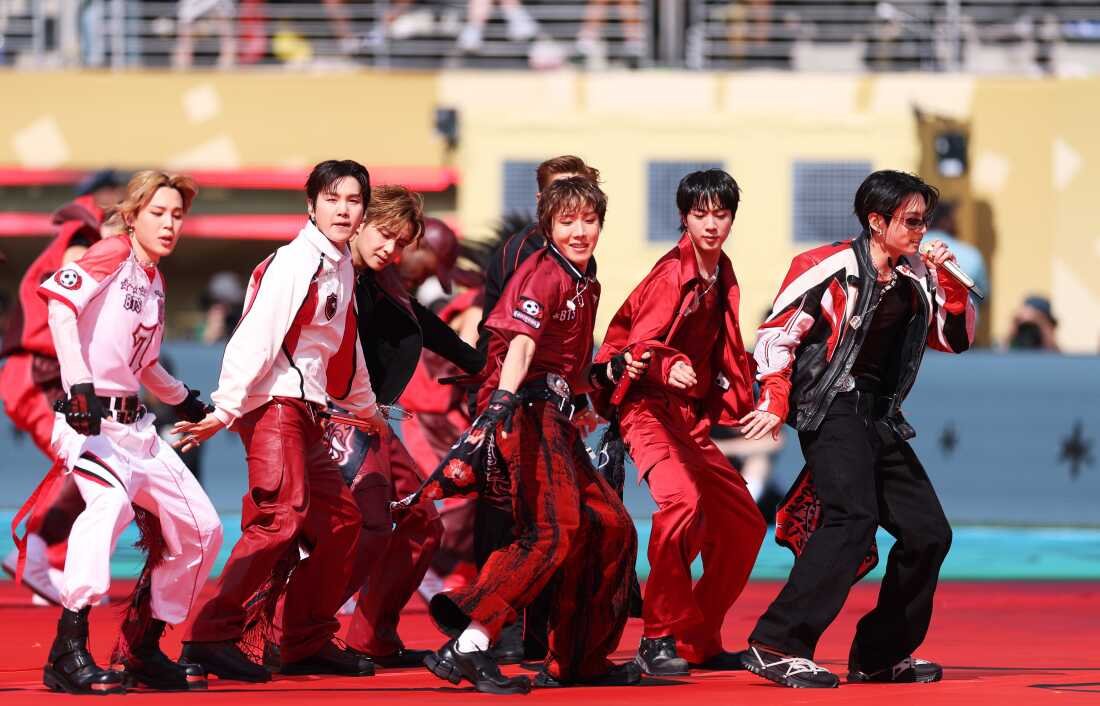 RM, Jin, Suga, J-Hope, Jimin, V and Jung Kook of BTS perform during the Topps Final Halftime Show in the FIFA World Cup 2026 Final match between Spain and Argentina at New York New Jersey Stadium on July 19, 2026 in East Rutherford, New Jersey.