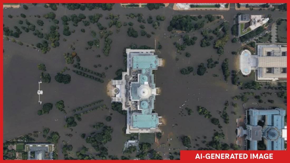 An AI-generated image showing significant flooding around the U.S. Capitol.