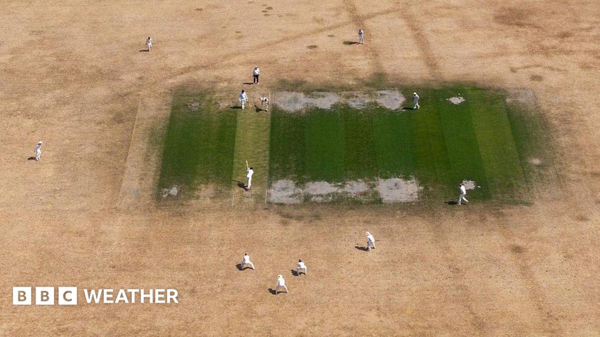 A cricket match on a yellow-brown, dry outfield with a green square