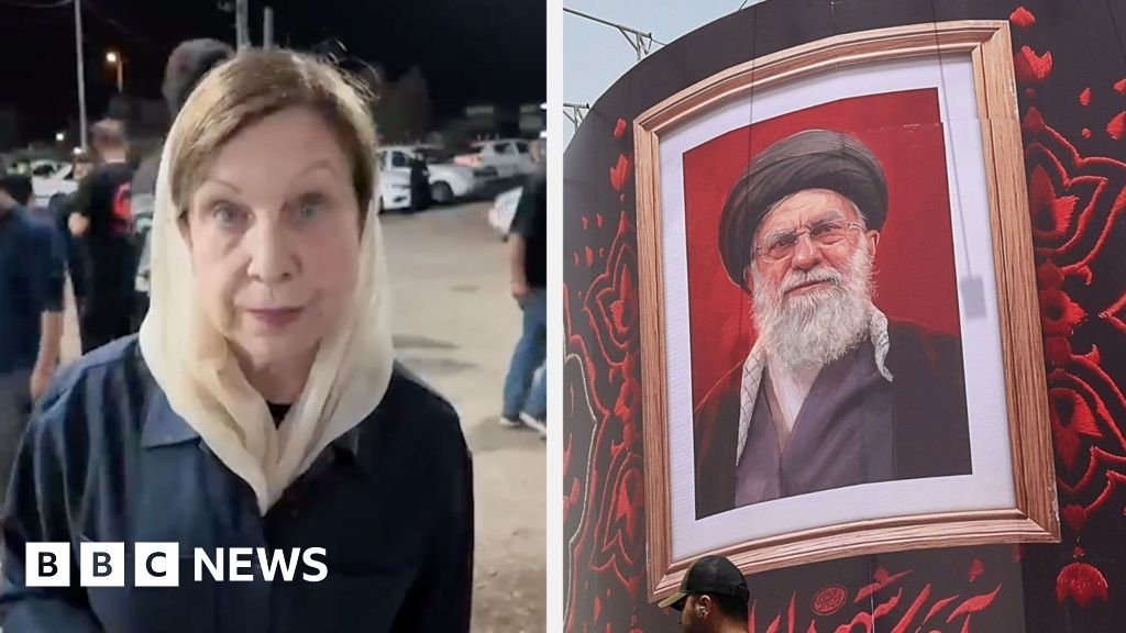 On the left, Lyse Doucet wear a dark jacket. On the right, an image of Iran's former supreme leader.