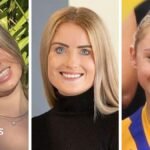 A composite image of three photos of the three blonde women, all smiling of the camera