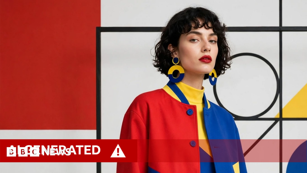 An AI-altered image generated using Muse Image of a woman against a Bauhaus art background and wearing red blue and yellow, with black curly hair