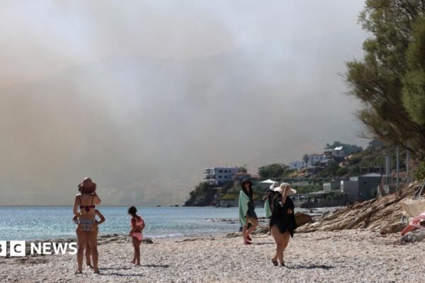 Smoke fills the sky as a fire burns through mixed agricultural and forest land in Plomari, Lesvos, Greece, 29 July 2026