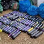 82 purple cylinder-shaped canisters on the grass. They are surrounded by green and blue plastic bags full of rubbish.