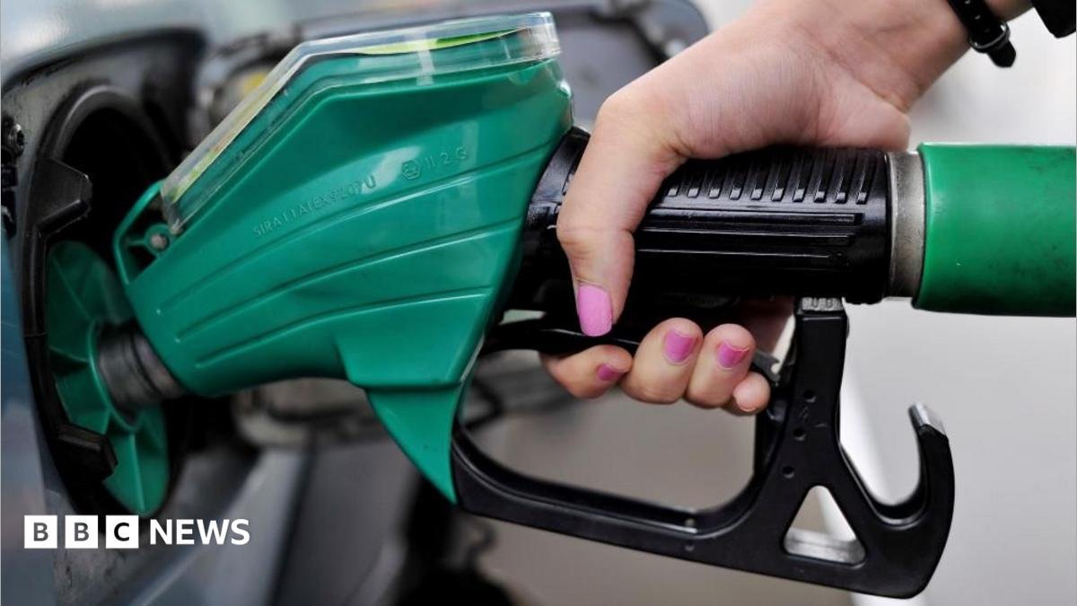 A close-up of a woman's hand, with pink nail varnish, holding a green petrol pump.