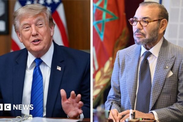 A split image showing Trump ( left) in 2026 and King Mohammed VI (right) in 2023 , both are wearing a suit and tie and sitting at a desk