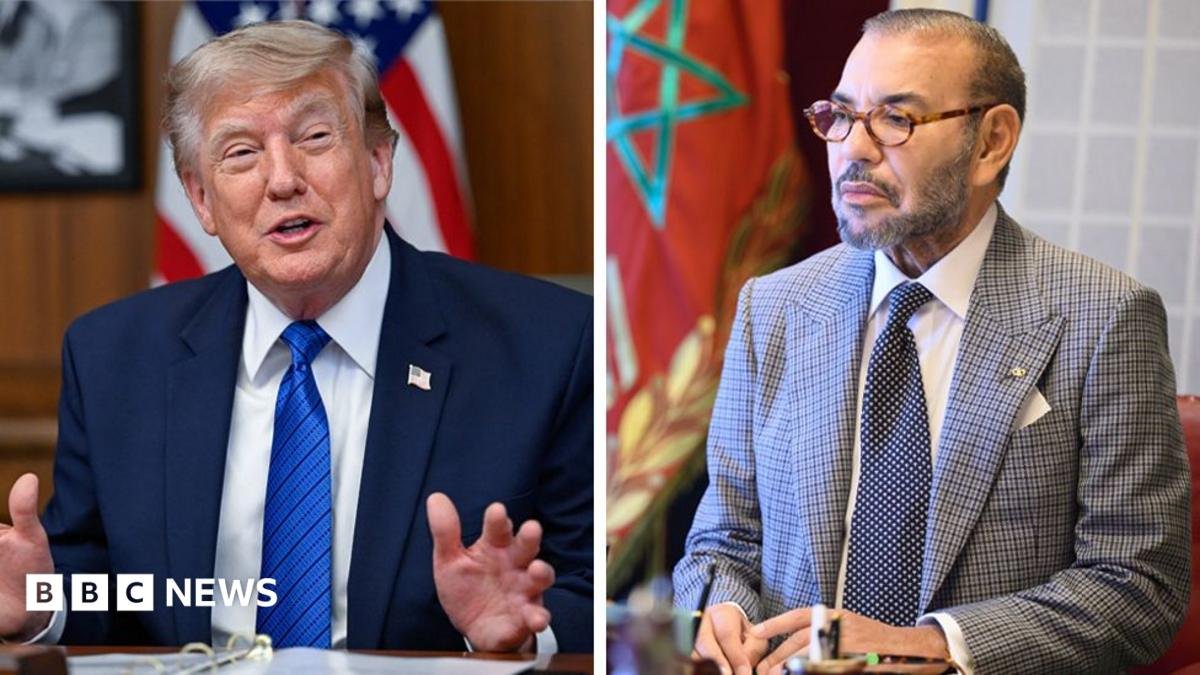 A split image showing Trump ( left) in 2026 and King Mohammed VI (right) in 2023 , both are wearing a suit and tie and sitting at a desk