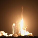 File image of a a Space X Falcon 9 rocket launching from Cape Canaveral, Florida, on 15 January 2025. Flame from the rocket are visible at the base as it hurtles into the air