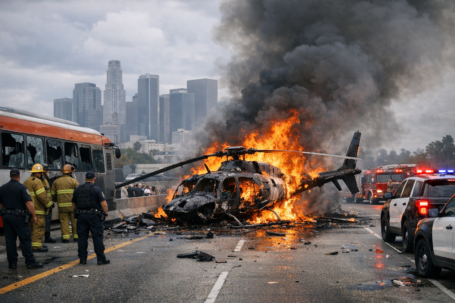 News Helicopter Crashes into Flames Near LA Bus Collision, At Least Three Dead